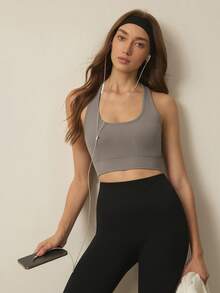SHEIN Sports 女士休闲纯色罗纹健身运动背心 - 灰色 - 查看 3