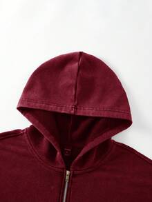 ROMWE MEN Casual 男士复古水洗宽松金属拉链卫衣连帽衫外套（领口、下摆、肩部接缝加固，防止变形） - 酒紅色 - 查看 3