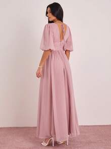 Enchnt Spring/Summer Women's Elegant V-Neck Ruched Waist Lantern Sleeve Midi Dress, Valentine's Day Outfit,Elegant Long Dresses For Party ,Wedding Dresses,Pink Dress - Pink - View 2