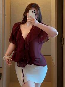 Vibekara Áo kiểu tay ngắn, cổ chữ V, màu trơn, chất liệu chiffon, dáng ôm, xuyên thấu, gợi cảm, dành cho người có vóc dáng đầy đặn. - Màu Đỏ Sâu - Xem 5