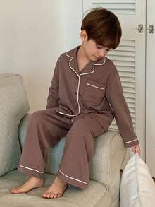 DAZY Young Boy Contrast Trim Button-Front Long Sleeve Top And Pants Pajama Set Spring - Brown - View 5