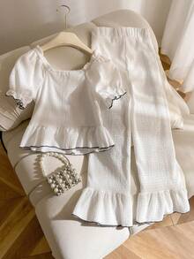 Elladie kids 2pcs Tween Girls Boat Neck Ruffle Hem Casual Fashion Short Sleeve Top + Ruffle Hem Casual Fashion Pants - White - View 2