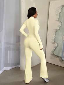 Dewbera 2pcs Women's Sports Suit Set For Autumn/Winter, Full Zip Long Sleeve Stand Collar Contrast Stripe Jacket And High Waist Contrast Stripe Flare Pants, Suitable For Casual Wear, Running, Yoga, Gym - Yellow - View 2