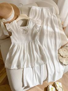 Elladie kids Tween Girls Minimalist Chic White Knit Jacquard Fabric Backless Cap Sleeve Top And Elastic Waist Pants Set, Spring/Summer