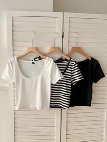 SHEIN EZwear 3件装 女士黑白条纹印花针织圆领短袖T恤 - 彩色 - 查看 6