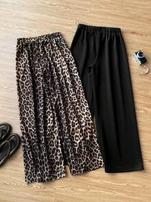 SHEIN EZwear 女士夏季休闲两件套针织运动裤套装，豹纹贴花和纯色松紧腰带 - 彩色 - 查看 3