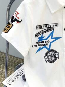 SHEIN Tween Boy Casual Loose Street Style Letter Print Polo Collar Short Sleeve Shirt, Suitable For Commuting, School, Daily Casual Wear, Sports, Spring/Summer Y2k Vacation Goth Gothic Streetwear Sumwon Burgundy Holiday Vintage Boho Festival Mardi Gras Party Cute Birthday Boys Modest Home Casual Cozy - Multicolor - View 4