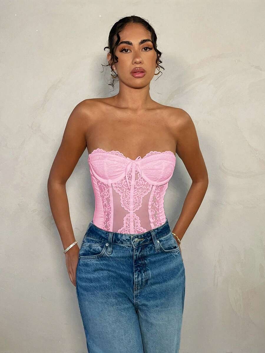 SHEIN BAE 浪漫白色蕾丝拼接可拆卸肩带紧身胸衣连体衣，适合浪漫约会、闺蜜聚会、早春郊游、派对活动 - 束身胸衣、演唱会服装、性感连体衣、春季女装、情人节服装 - 粉色 - 查看 1