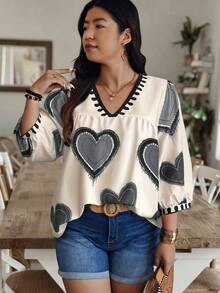 Weeklong 大码休闲随机印花V领灯笼袖衬衫，秋季 - 彩色 - 查看 4