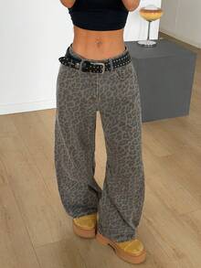 Muchica Women's Leopard Print Pocket Casual Versatile Commuting Wide Leg Jeans - Multicolor - View 4