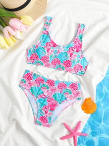 SHEIN Girls' Cute Shell Digital Print Camisole Bikini Set, Suitable For Beach Vacation, Spring/Summer/Autumn - Red - View 3