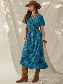 Wildy 休闲美式西部乡村复古图案女式V领短袖长裙，适合春夏日常穿着、通勤和户外活动 - 藍色 - 查看 4