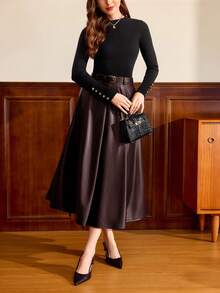 Vintamour 复古经典优雅女士百褶裙，秋冬宽松PU皮A字裙，带腰带和口袋，黑色长裙 - 巧克力棕 - 查看 5