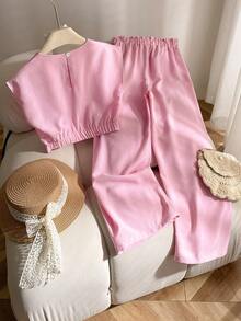 Elladie kids 两件套女童休闲套装，圆领蝙蝠袖衬衫搭配带口袋的松紧腰直筒裤，亚麻质感面料，适合日常穿着。 - 玫紅色 - 查看 2