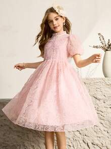 少女夏季优雅荷叶边泡泡袖连衣裙 - 粉色 - 查看 8