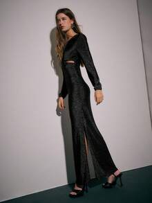 Nöista 闪亮的古铜色长袖修身长裙，V 形裹身胸衣，腰部巧妙的镂空设计和直筒裙摆——优雅的红毯晚装，适合夏季穿着，是正式派对、婚礼宾客造型、毕业典礼宾客着装、舞会活动或精致外出造型的完美之选。 - 黑色 - 查看 1