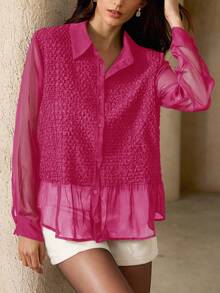 Revavyn 女士复古法式褶皱拼接衬衫，独特设计，轻薄透气，翻领纽扣长袖衬衫，春夏款 - 玫紅色 - 查看 2