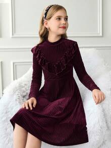 SHEIN Serisse Kids 女童条纹天鹅绒 A 字裙，优雅长袖蛋糕裙，适合生日派对、度假，非常适合秋冬季休闲日常穿着和上学日常穿着，适合圣诞节、母女搭配 - 酒紅色 - 查看 6