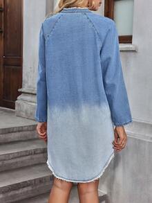 Breezaya 女士休闲渐变前扣毛边牛仔连衣裙，秋季 - 藍色 - 查看 2
