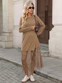 SHEIN LUNE 女士休闲蕾丝拼接长袖中长连衣裙 卡其色连衣裙 女士连衣裙 长袖棕褐色连衣裙 女士咖啡棕色连衣裙 休闲 - 咖啡 - 查看 3