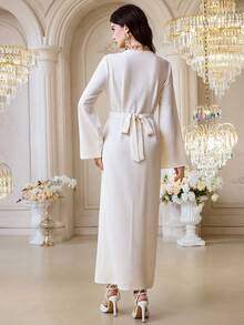 Al Najma Women's Elegant Sequin Embroidered Textured Arabic Style Dress, Autumn - Apricot - View 2