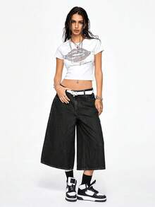 ROMWE Grunge Punk Celana Jeans Crop Top Gaya Jalanan Vintage Berpinggang Rendah dengan Bordir Silang Vintage Motif Cetak Musim Semi/Panas - Hitam - View 2