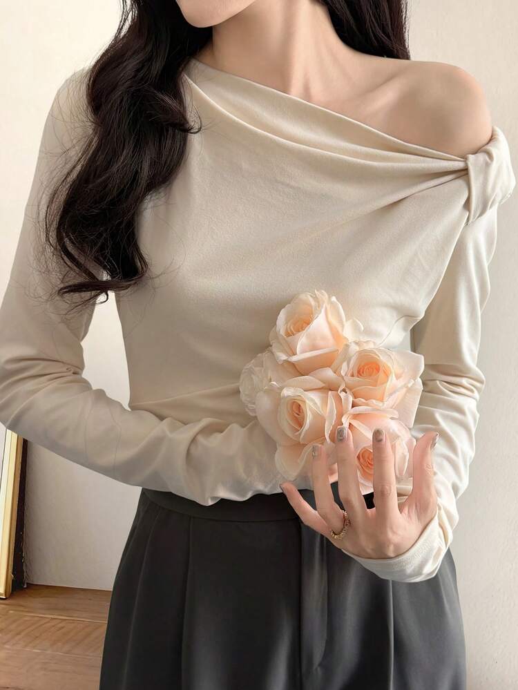 1pc Women's Oblique Shoulder Fitted Elegant Blouse, Long Sleeve Asymmetrical Shoulder Top
