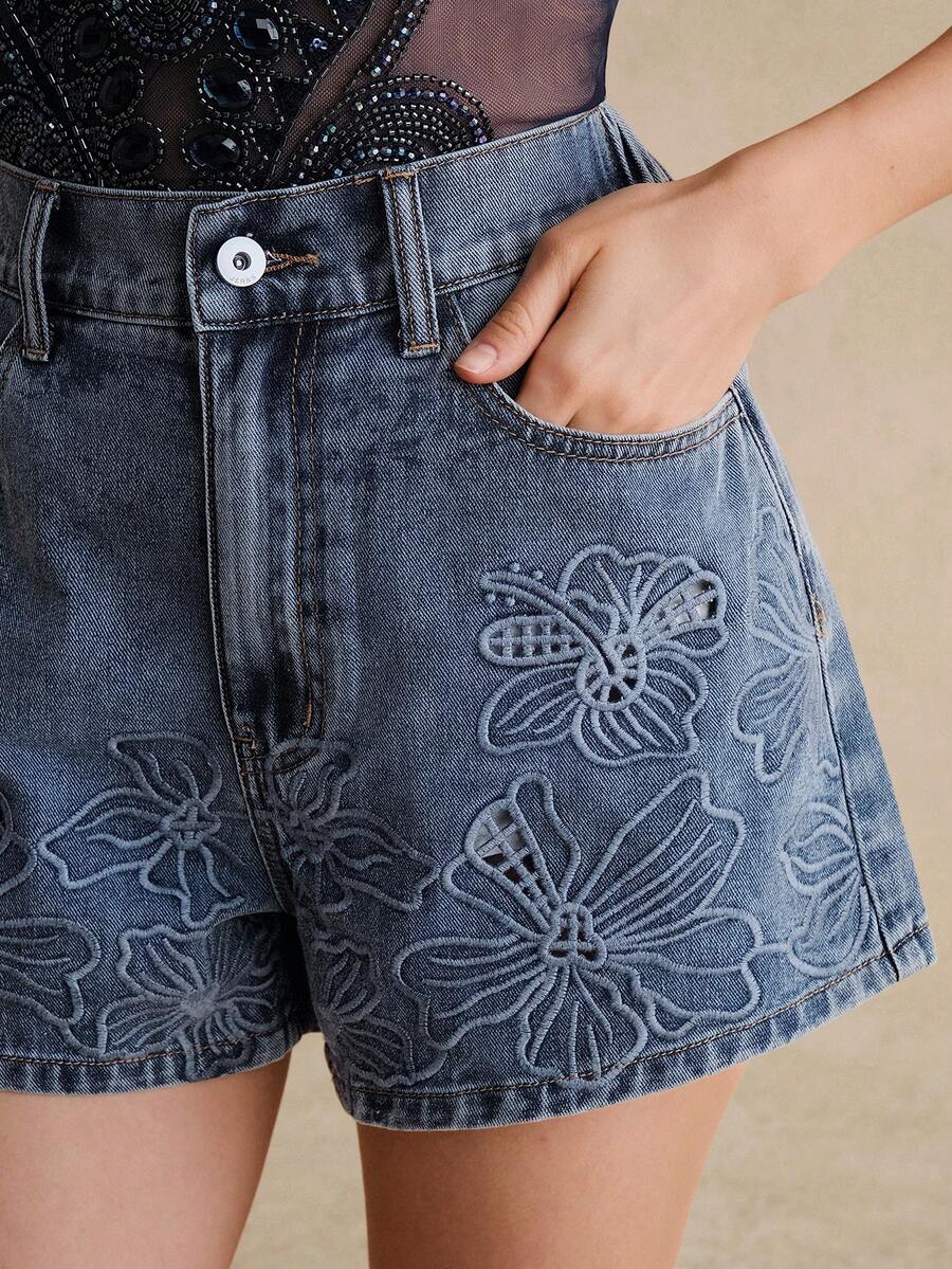 Anewsta 女士高腰宽松直筒刺绣牛仔短裤，夏季 - 藍色 - 查看 1