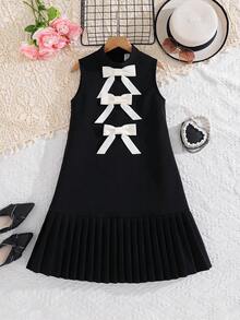 SHEIN 少女撞色编织蝴蝶结领无袖休闲连衣裙 - 黑色 - 查看 4