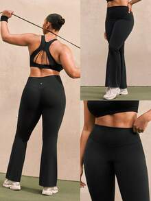 GLOWMODE 31" Plus Size FeatherFit™-Sculpt Peakbum Full Flare Sweat-Wicking Compressive Invisible Butt Lifting Leggings Medium Impact Workout Running Training Gym Daily Active Wear - Black - View 8