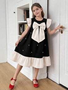 SHEIN Đầm chữ A tay bồng phối màu cho bé gái tuổi teen, cổ tròn, tay bồng. - Nhiều màu - Xem 5