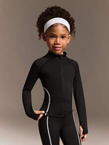 SHEIN Conjunto de chaqueta y mallas activas para niñas jóvenes, diseño de bloques de color negro, las líneas curvas favorecen la figura, tela cómoda y de alta elasticidad, adecuado para correr, yoga, tenis, bádminton y otros deportes - Negro - Ver 6