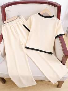 SHEIN 2pcs Tween Girl Contrast Color V-Neck Short Sleeve Shirt And Casual Pants Set,Kids - Apricot - View 2
