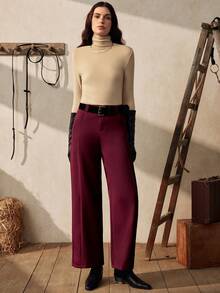 Zovinel 高腰宽松直筒裤，配腰带，卡其色，休闲商务两相宜，春秋季款 - 酒紅色 - 查看 4