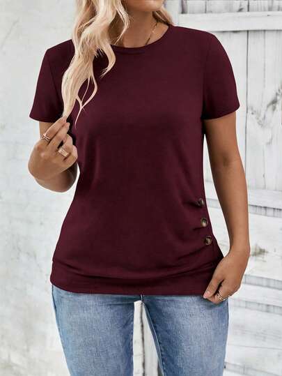 EMERY ROSE Wine Red Round Neck Casual Short Sleeve Plus Size T-Shirt With Hem Buttons