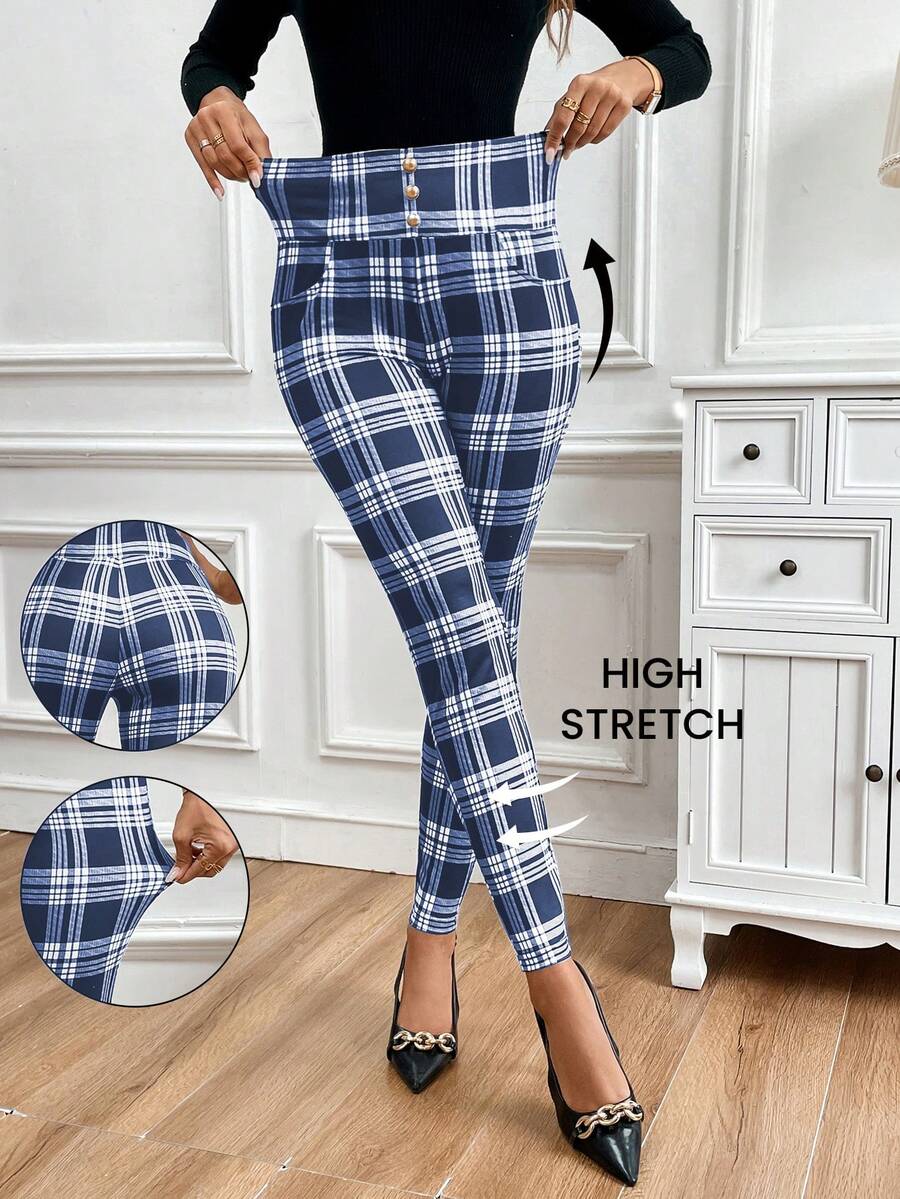 SHEIN Clasi 女士优雅高腰修身格子印花金属扣装饰针织裤 - 藏蓝色 - 查看 1