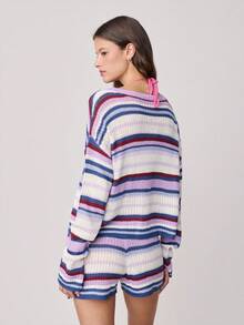 Nöista Knitted Textured Set Includes A Long-Sleeve Boxy Sweater And Matching Shorts. Spring, Summer, Easter, Cover Up, Beachwear. - Mauve Purple - View 2