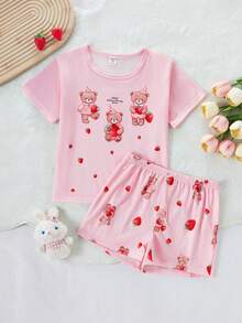 2件套女童小熊印花短裤和短袖上衣，休闲家居服 - 粉色 - 查看 6