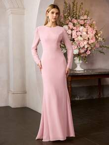 MOTF PREMIUM 女士两件式及地晚礼服——立领披肩，水晶装饰，鱼尾裙摆，雪纺面料，修身剪裁，适合节日派对、婚礼和正式场合。 - 粉色 - 查看 4