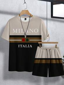 Manfinity Homme 2件套经典撞色条纹组合米兰圆领短袖T恤和短裤 - 彩色 - 查看 3