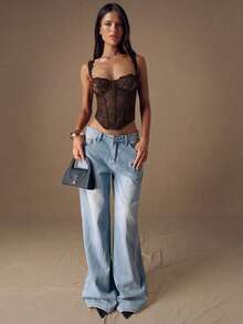 SHEIN BAE 性感蕾丝交叉抹胸露脐上衣，夏季，裹身式上衣，万圣节女装，万圣节服装 - 咖啡棕 - 查看 3