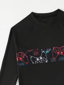 SHEIN Bộ 2 món đồ bơi nam tuổi teen, chất liệu vải dệt kim nhiều màu sắc, kiểu dáng thường ngày, bao gồm áo chống nắng và quần bơi, thích hợp cho bơi lội, du lịch và mùa hè. - màu đen - Xem 5