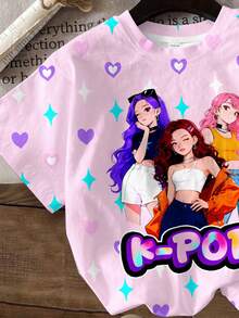 SHEIN 淡紫色卡通女孩LUMINA印花，少女休闲简约圆领短袖基础款T恤，适合春夏日常穿着、外出、校园、度假，卡通动漫女孩图案T恤，时尚新潮。 - 彩色 - 查看 5