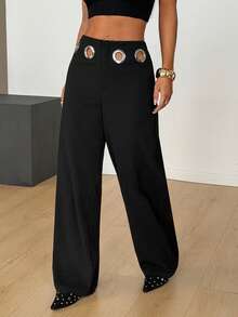 SHEIN EZwear 2025 Autumn/Winter New Arrivals: Versatile, Retro, Elegant Business Casual Women's Wear. A Versatile Nashville Staple, Suitable For Occasions Like Easter And Christmas. Features Include Wide-Leg, Eyelet-Down Cutout Trousers For Urban Commuting, Suitable For Formal Guests And Weddings, And Straight-Leg, Cropped Trousers With Pockets. A Must-Have For Elegant Women This Autumn/Winter, Christmas, And New Year. - Black - View 3