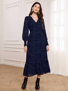 Miaspire 秋冬女士波点印花优雅裹身连衣裙，泡泡袖收腰长裙，适合优雅外出和聚会，褶皱长袖印花连衣裙，藏蓝色女士连衣裙，法式连衣裙，波点连衣裙，女士度假装，春夏装 - 藏蓝色 - 查看 8