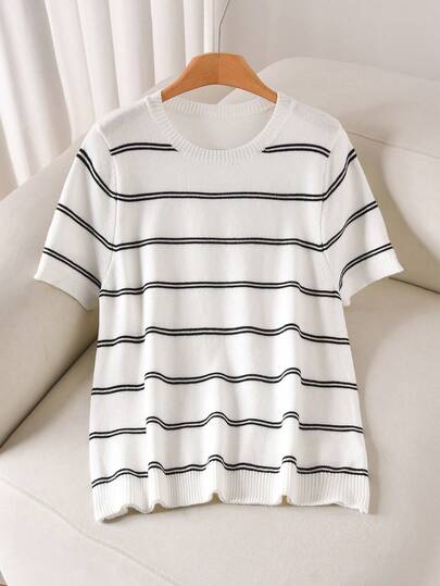 CosyJoli Plus Size Black & White Striped Crew Neck Short Sleeve Knit Top