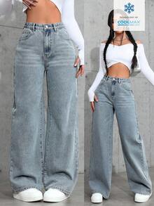SHEIN PETITE 女士高腰带口袋阔腿宽松休闲百搭牛仔裤 - 淺色水洗藍 - 查看 6