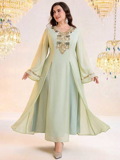 Al Najma Plus Size Women Elegant Long Sleeve Dress With Embroidery And Sequin Patchwork