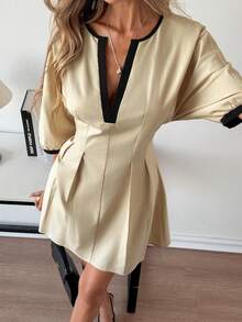 Elyressa Ladies' Elegant French Summer Short Woven Dress - Apricot - View 6