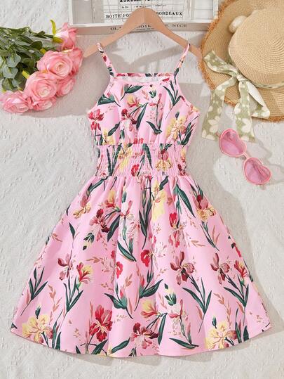 Sparklyn Tween Girls' Summer Casual Vacation Floral Print Cinched Waist Camisole Dress Girl Beach Party Dress Floral Summer Dress Garden Party Dress